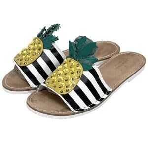 KATE SPADE Women’s black and white striped studded pineapple slides